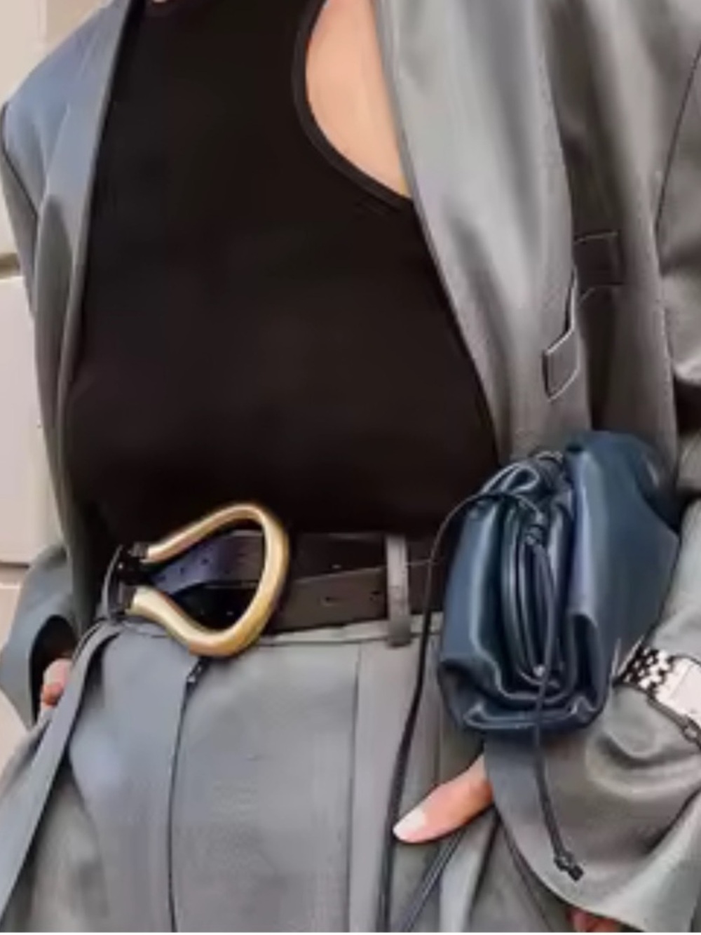 Women's Black Vegan Leather Belt with Sculptural Gold Buckle
